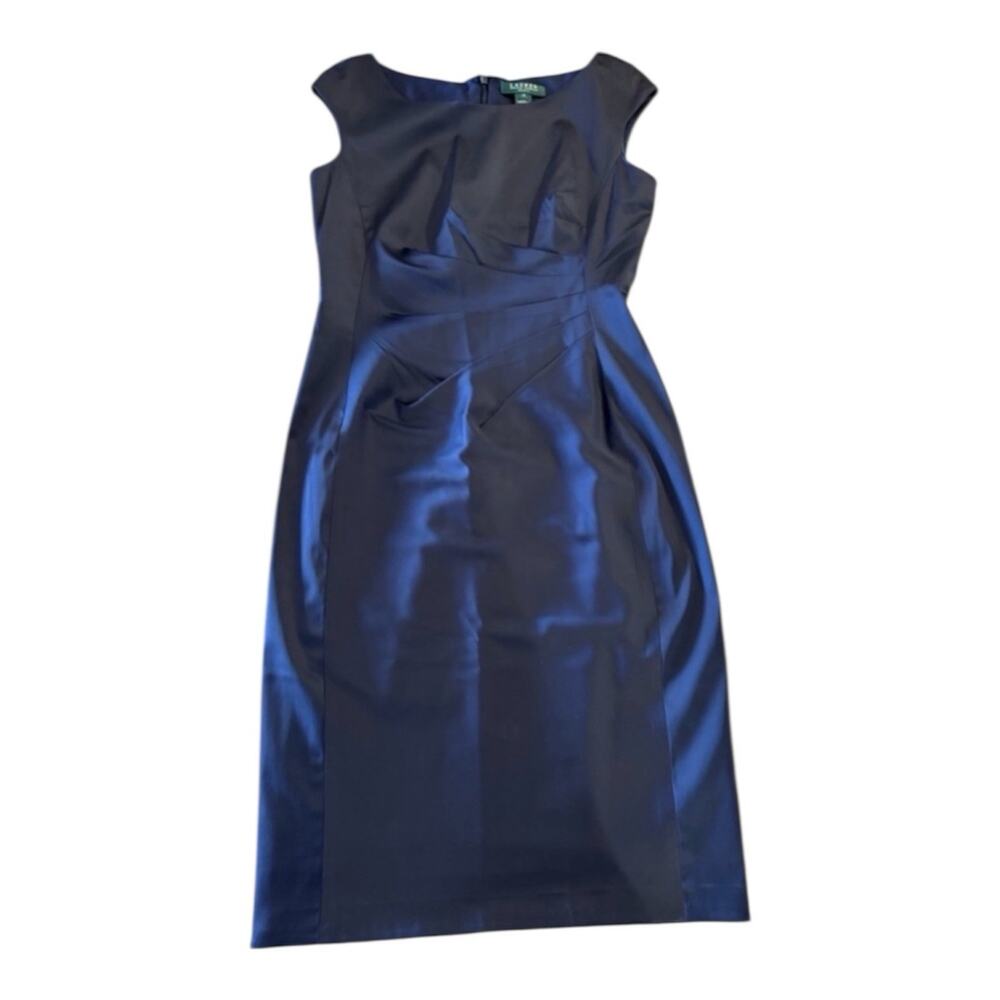 Lauren Ralph Lauren Navy Sheath Dress 💙 Classic Ruched Work Dress Size 10 - Picture 2 of 6